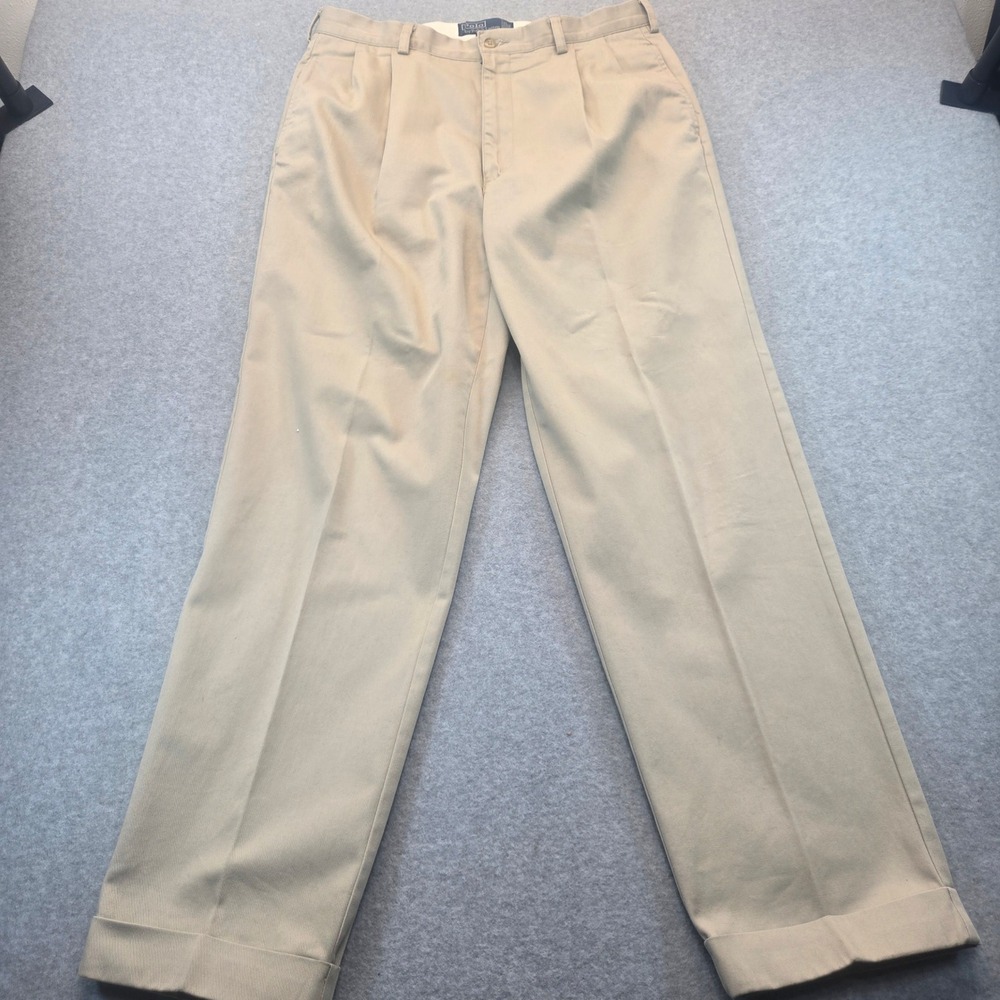 Polo Ralph Lauren Hammond Pant Mens 34x32 Khaki Tan Pleated Cuffed Cotton Chinos